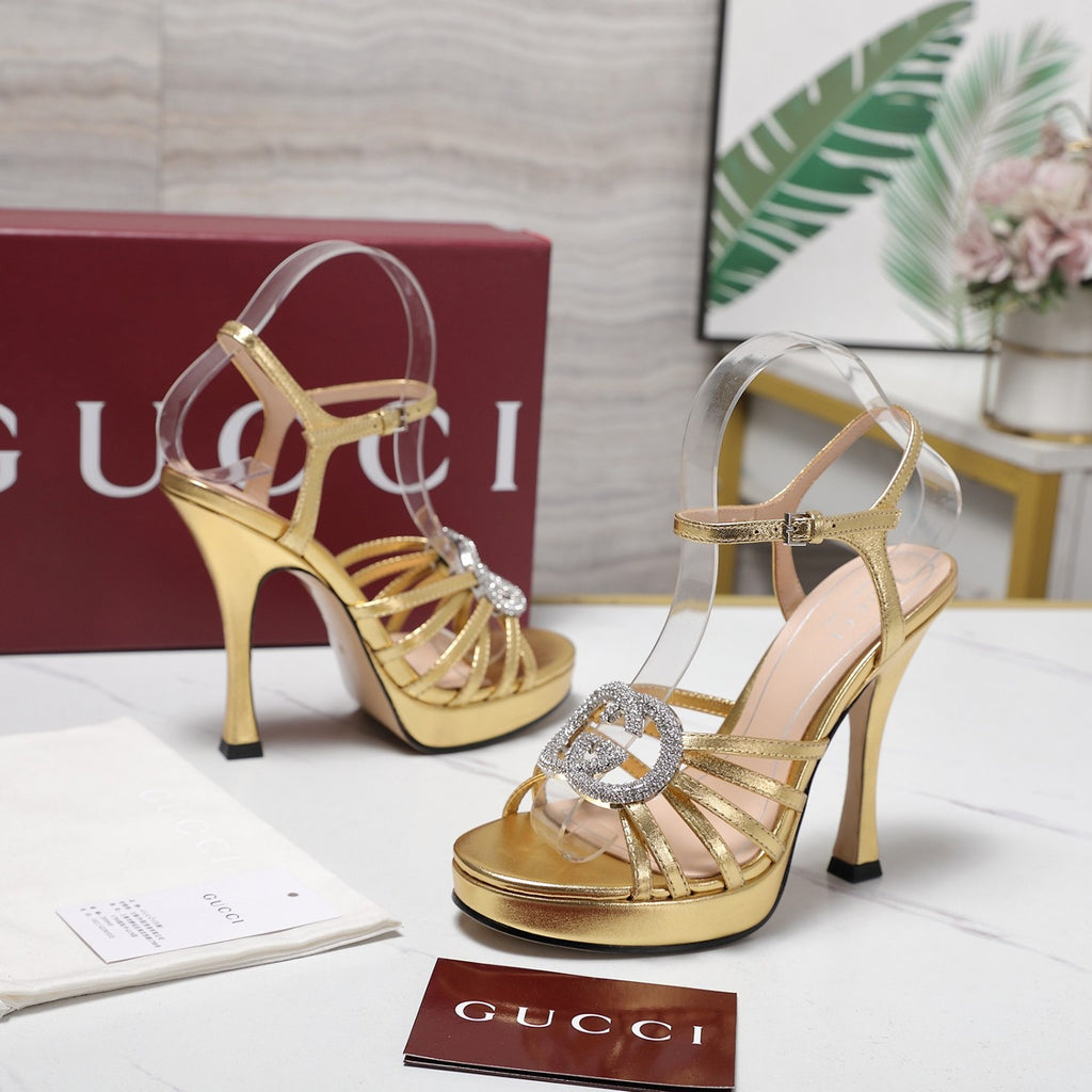 GUCCI Women's Pump With Crystal Interlocking G in Black and Leather 12.5 CM#381122