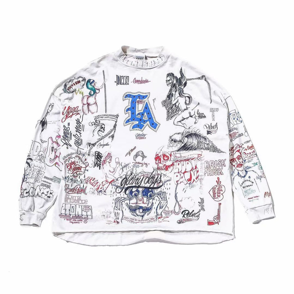 Saint Michael Men's And Women's Spring And Summer Graffiti Retro Hot Diamond Print Loose Casual Long Sleeved Hoodie Top Ngvp #8384