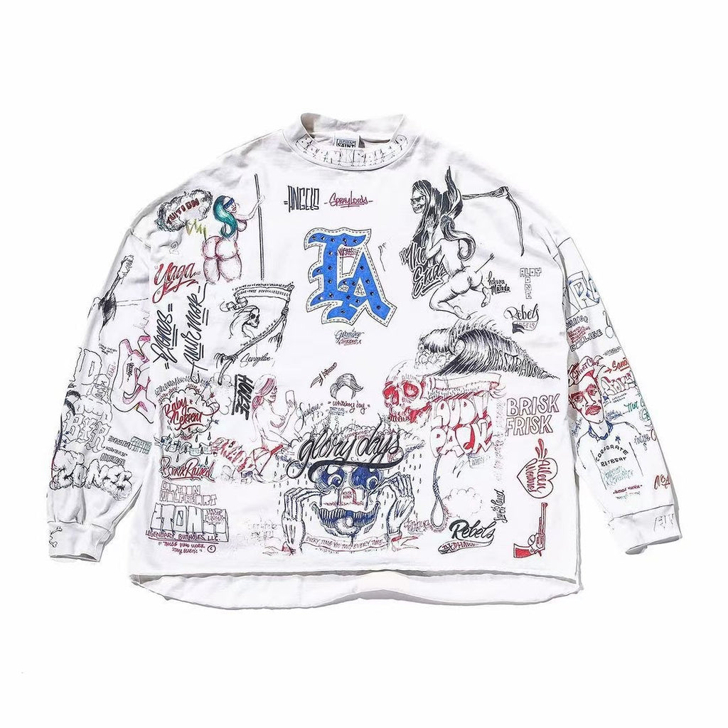 Saint Michael Men's And Women's Spring And Summer Graffiti Retro Hot Diamond Print Loose Casual Long Sleeved Hoodie Top Ngvp #8384