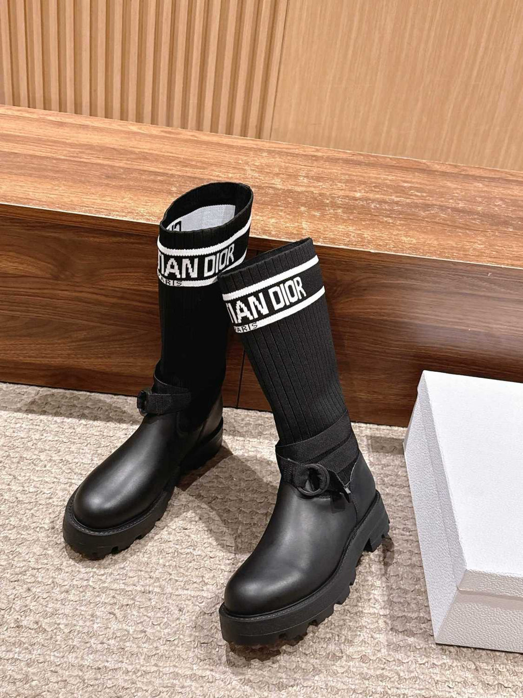 Dior Women's D-Major Ankle Boots Black Calf Leather With Black And White Technical Jersey #332813