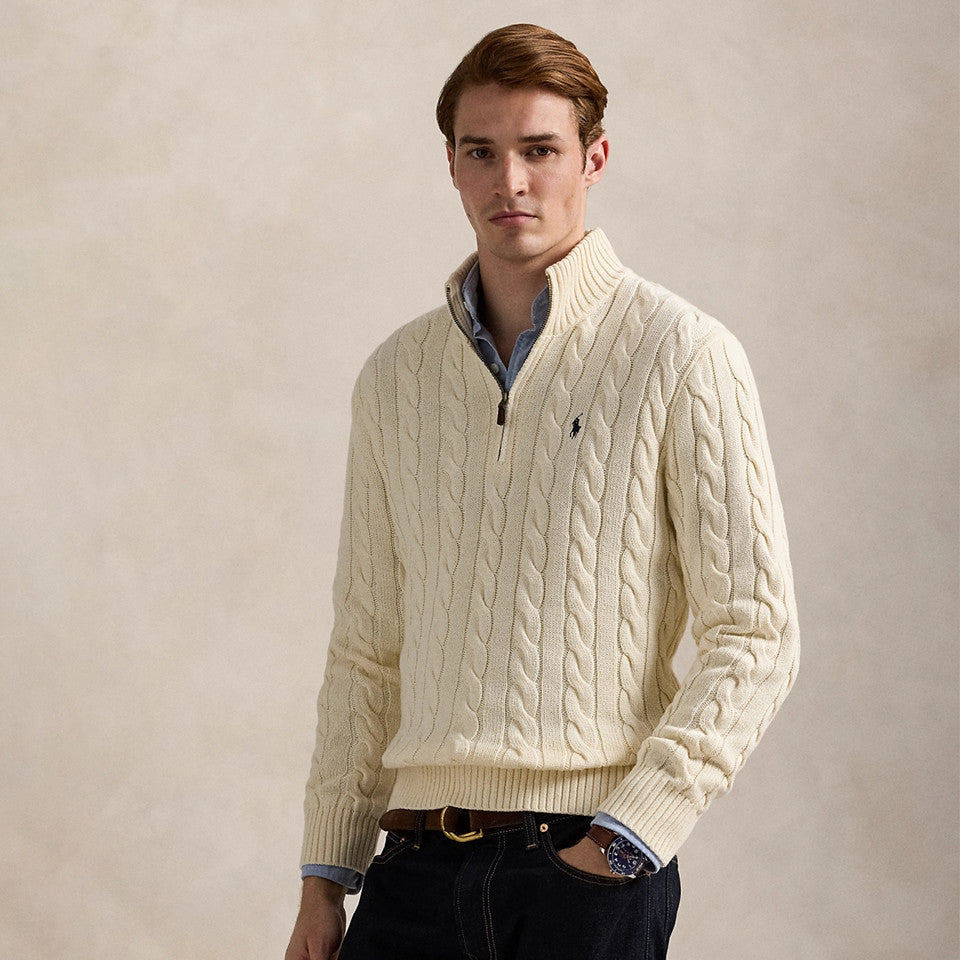 Ralph Lauren Men's Spring/Fall/Winter Half-Zip Stand Collar Logo Embroidered Solid Color Cable-Knit Long-Sleeve Sweater #81536