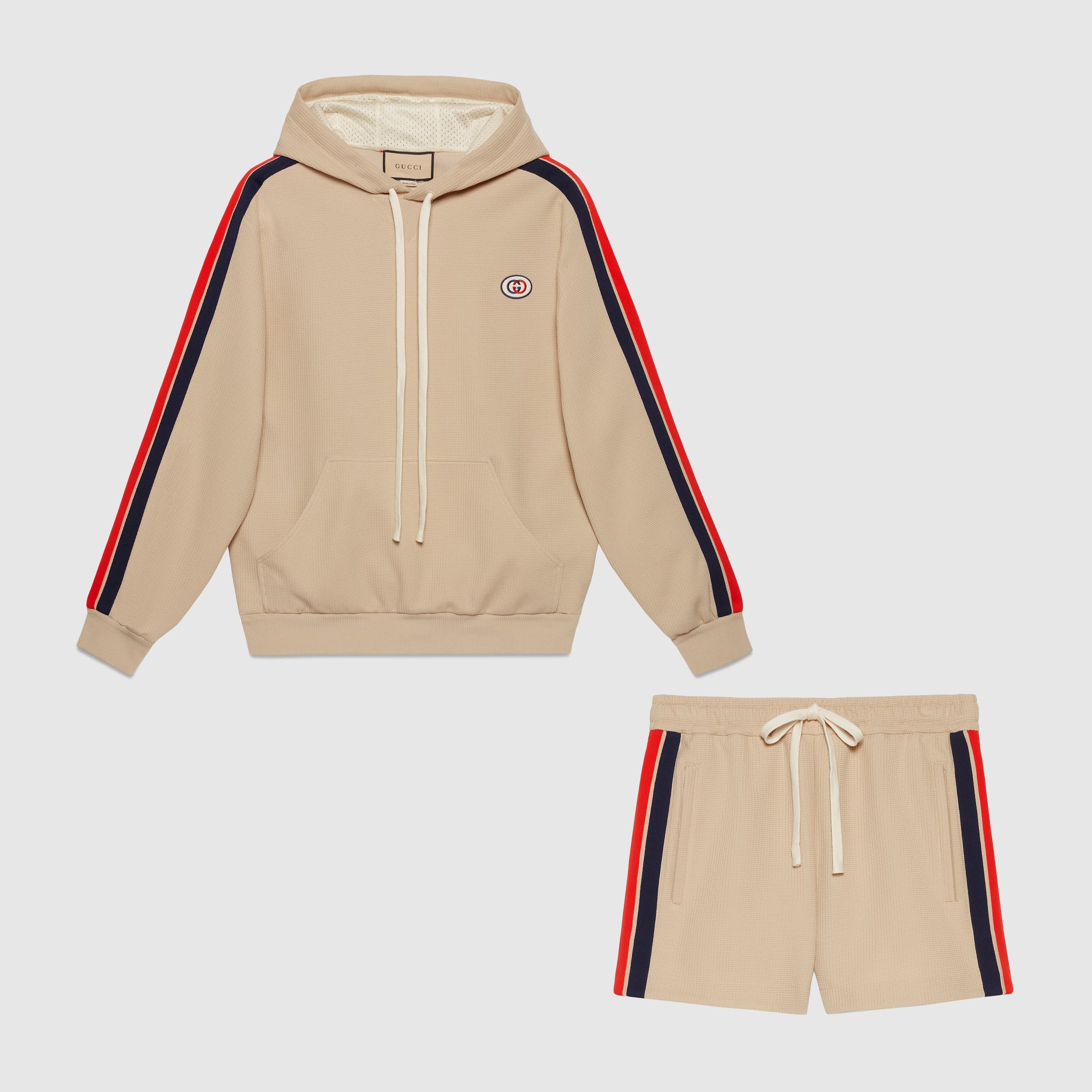 Gucci Men's Summer Striped Logo Print Hooded Sweatshirt Pullover Tie High Waisted Shorts Set Suit #98813