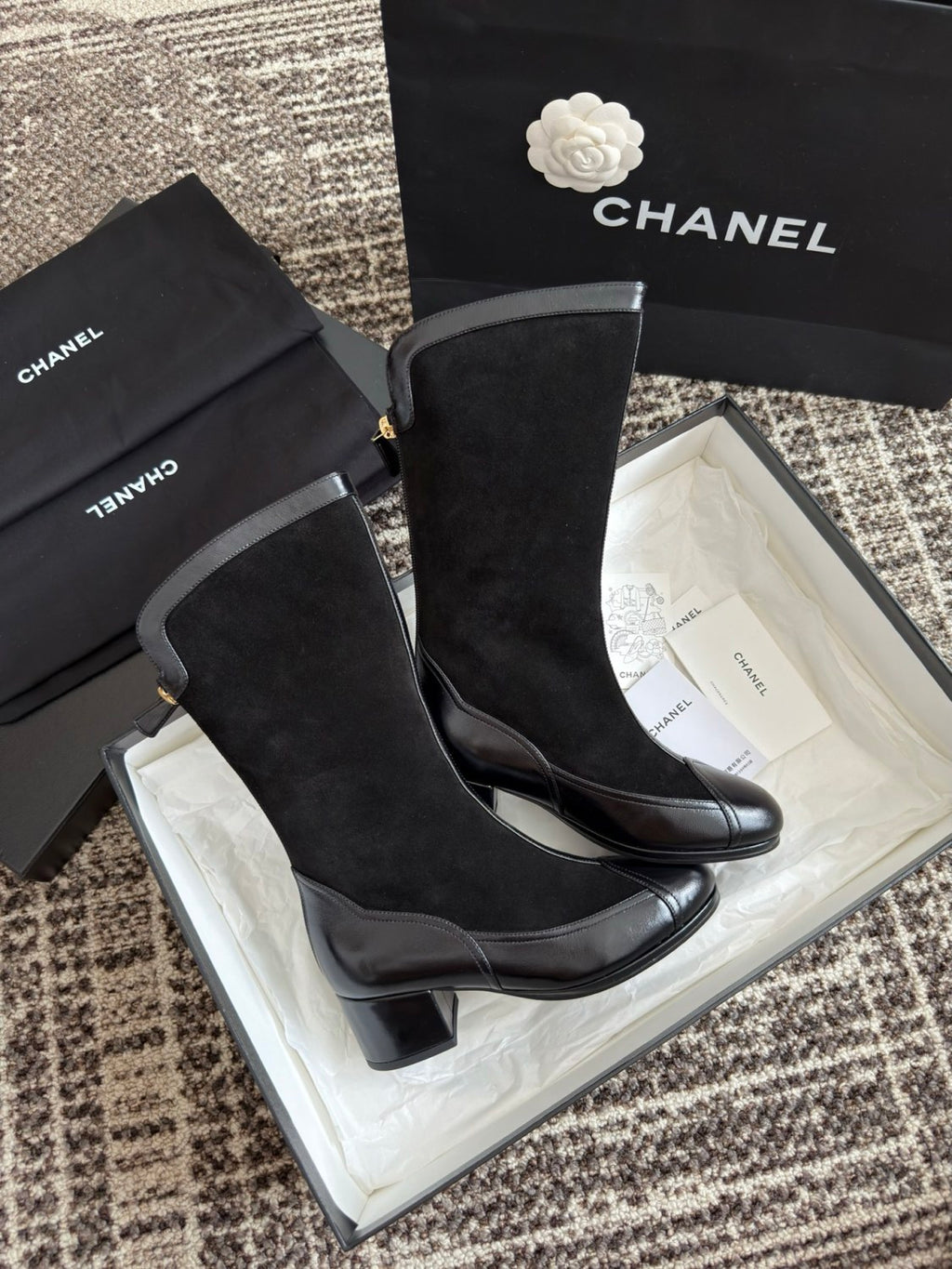 Chanel Women's Spring And Summer High Luxury Colorblocking Suede Short Boots Fashion Exquisite Black Temperament With Heels  Shoes Ngvp #2476