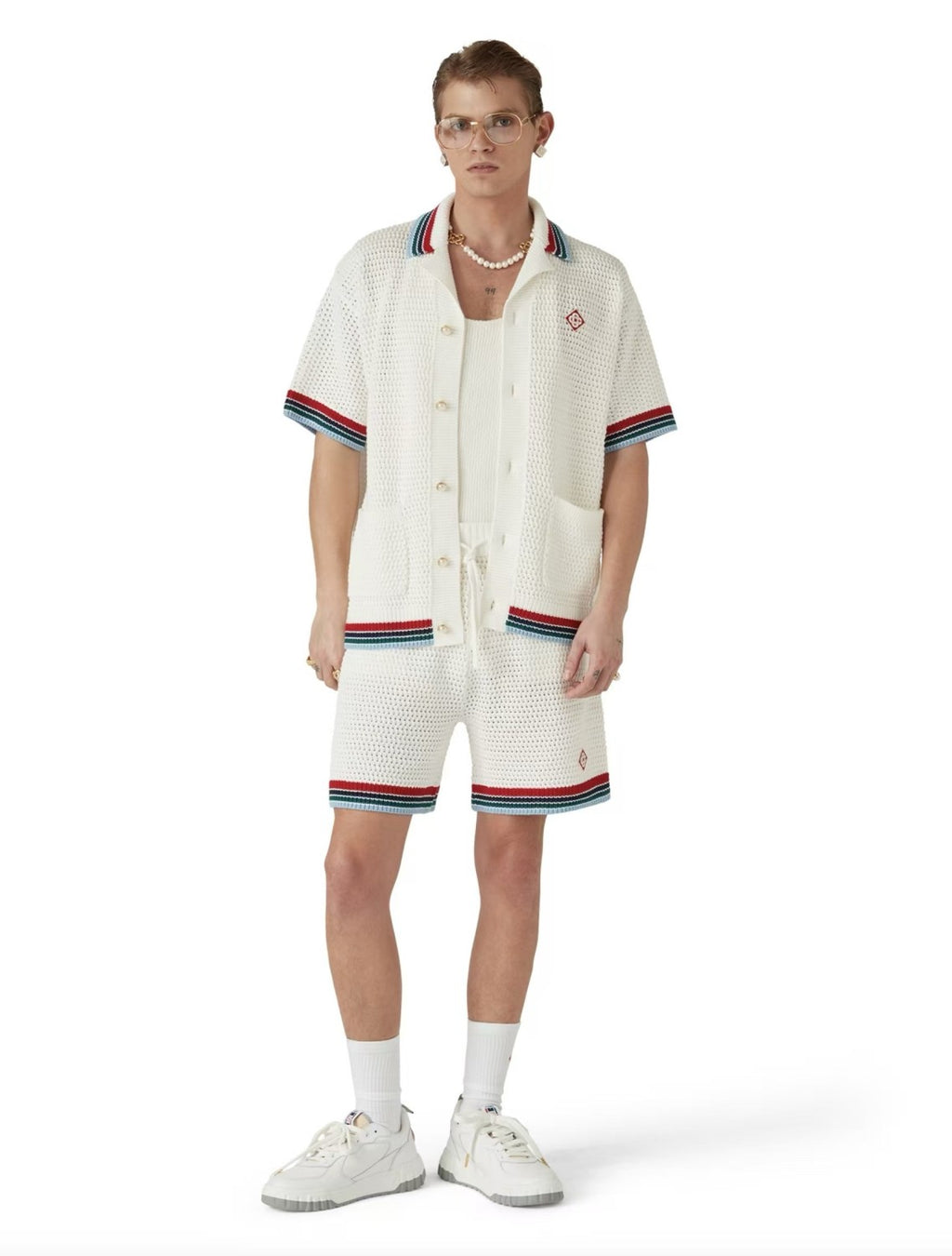 Casablanca Men's Summer Solid Color Skeleton Knit Breathable Single Breasted Short Sleeved Shirt Drawstring Tie Casual Knit Shorts Suit Set #76351