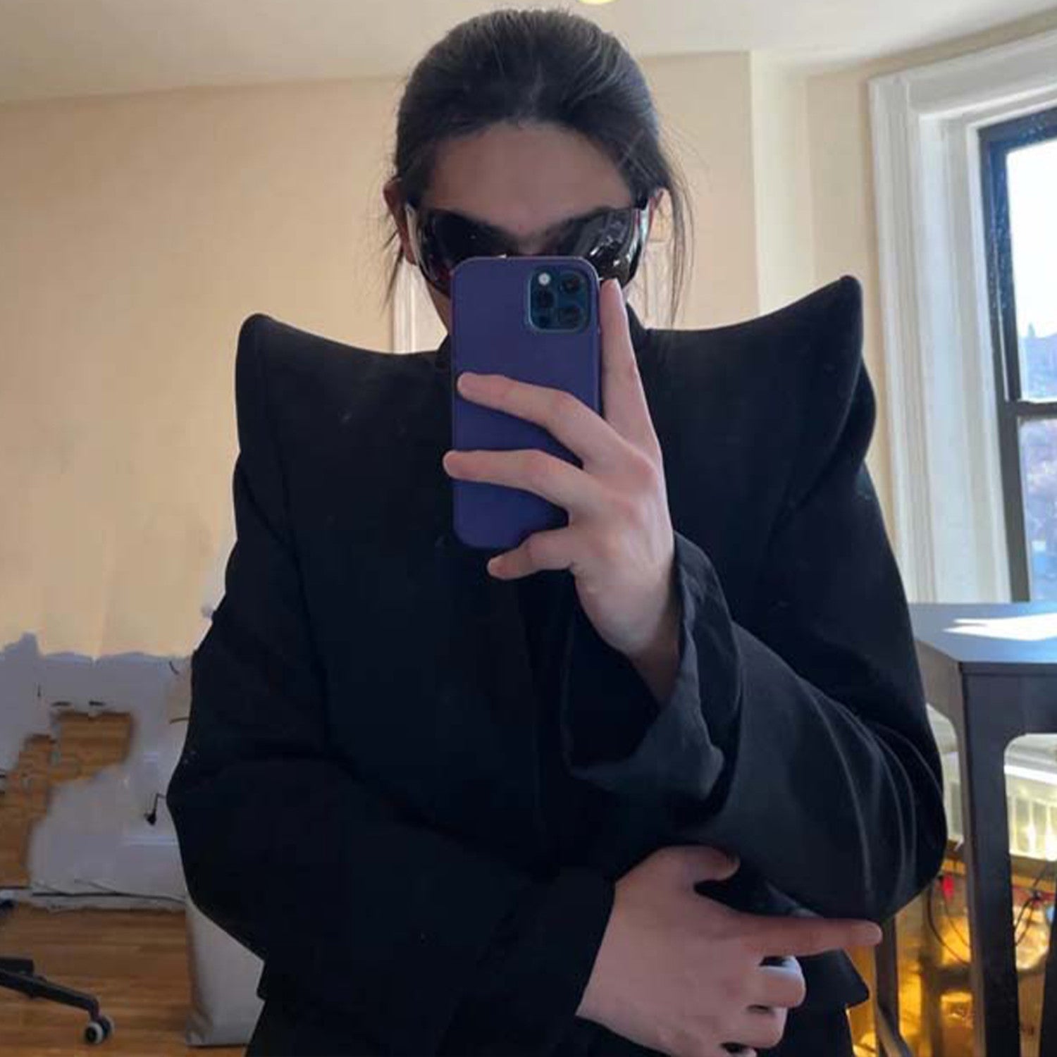 Rick Owens Men's Retro High Padded Shoulder Pointed Corner Suit Black Long Standing Lapel Fashion High Street Handsome Single Breasted Jacket #71991