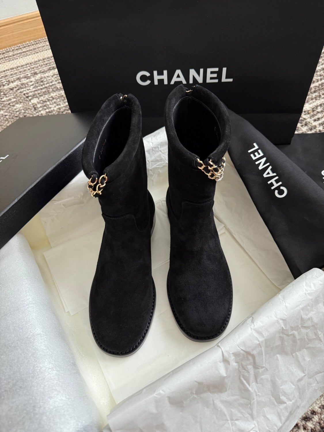 Chanel Women's Fall/winter Fashion Classic Solid Color Leather Suede Round Toe Cuffed Chunky Heel Chain Pendant Ankle Boots Shoes #79218