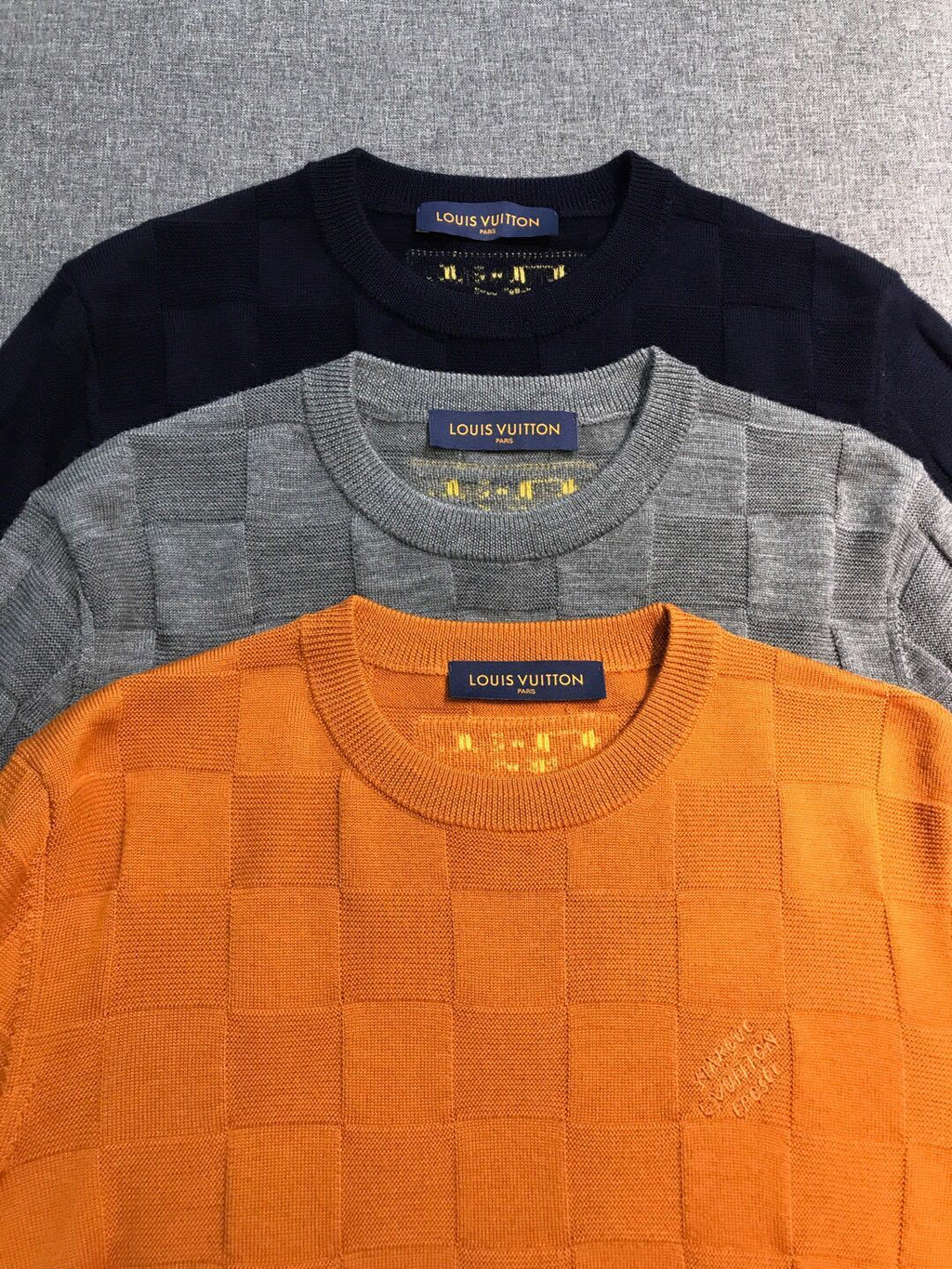 Louis Vuitton Men's Spring and Autumn Solid Color Check Printed Wool Round Neck Long Sleeve Knitted Sweater #74211