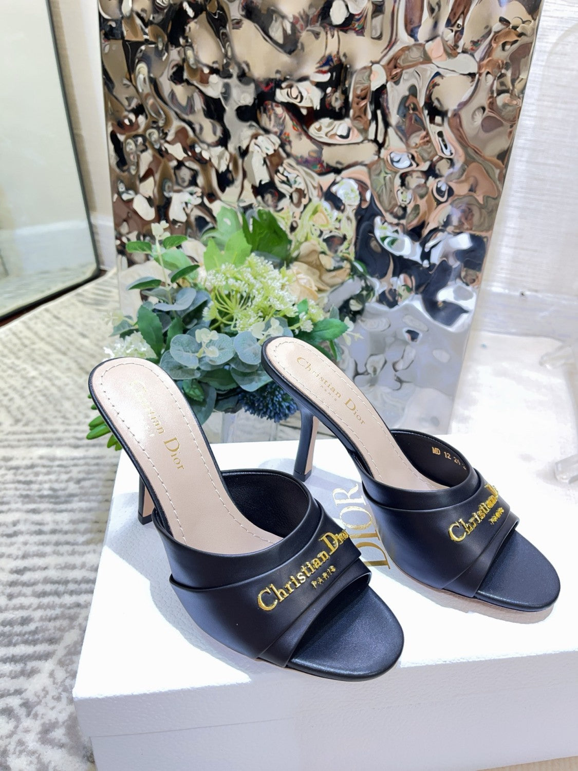 My Dior Heeled Slide Women's Summer Gold Letter Print Solid Color Leather 10cm High Heel Sandals Shoes #77216