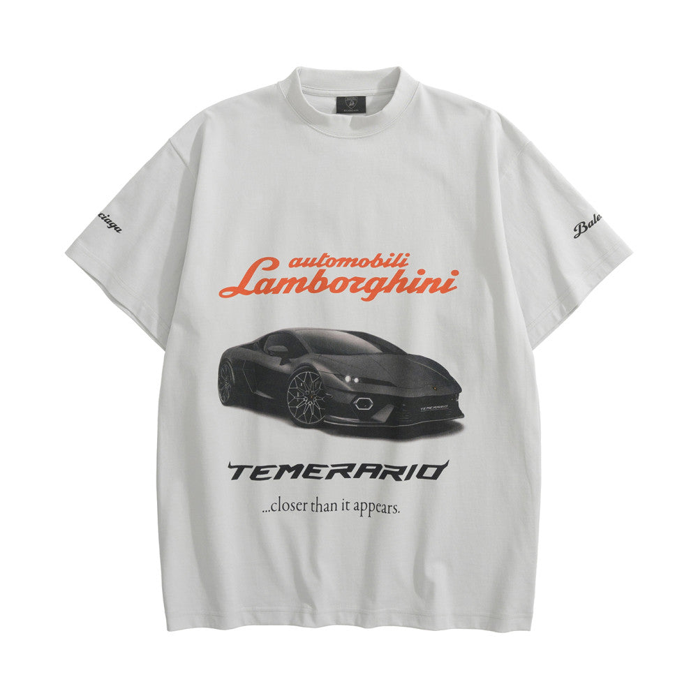 Balenciaga x Lamborghini  Men's and Women's Summer Car Print Round Neck Regular Fit Cotton Short Sleeve T-Shirt #74769