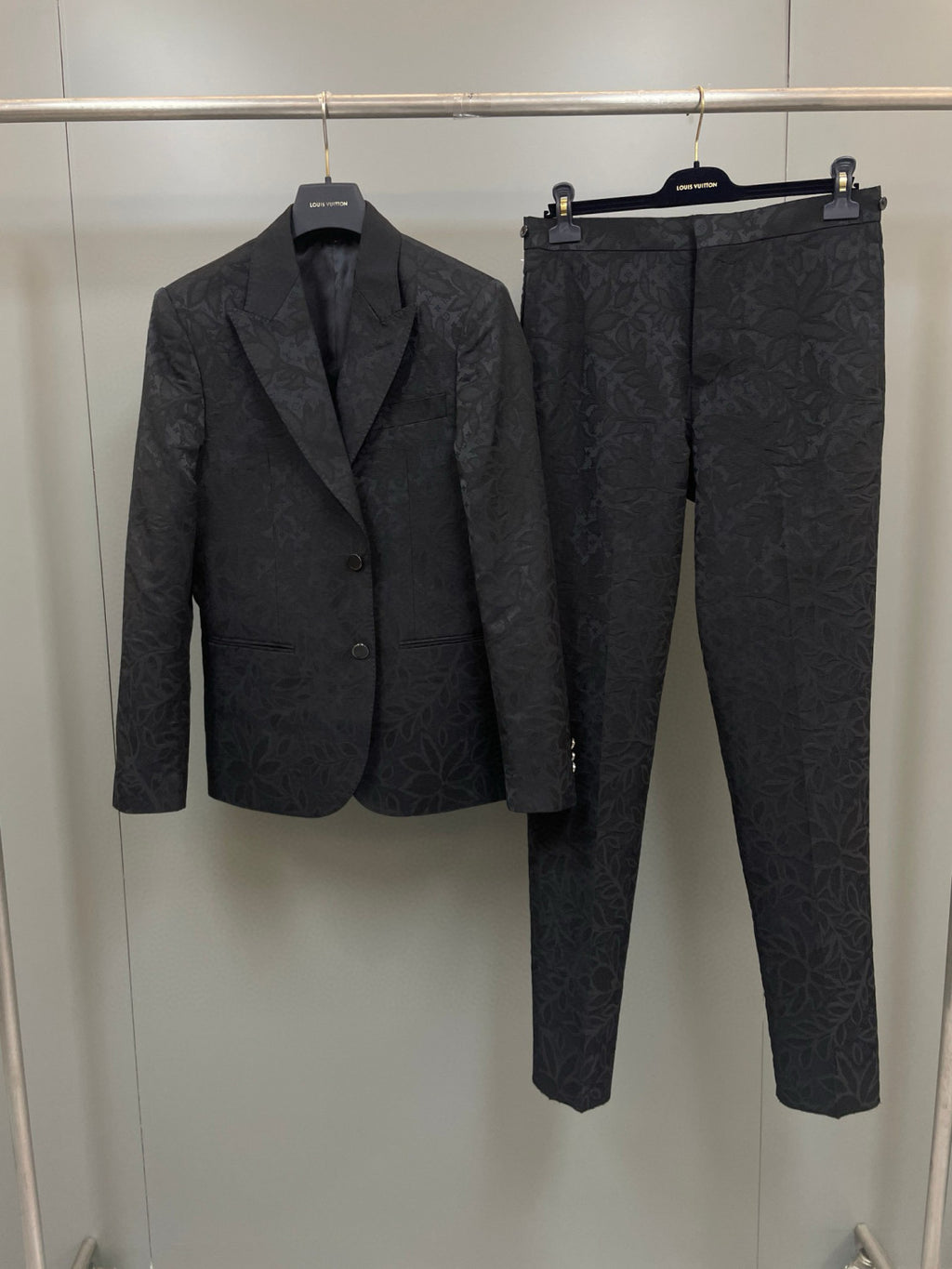 Louis Vuitton Men's Black Full Logo Printed Single Breasted Cotton Long Sleeve Jacket Coat Blazer Pants Suit Set #98784