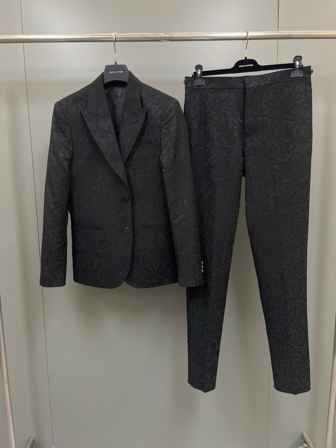 Louis Vuitton Men's Black Full Logo Printed Single Breasted Cotton Long Sleeve Jacket Coat Blazer Pants Suit Set #98784