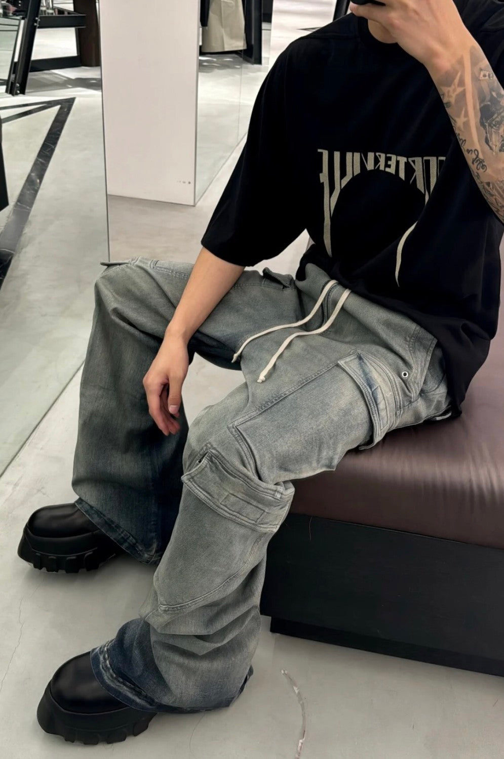 Rick Owens Men's Summer Embroidered Logo Round Neck Cotton Loose Black Short Sleeve T-Shirt Ngvp #9377
