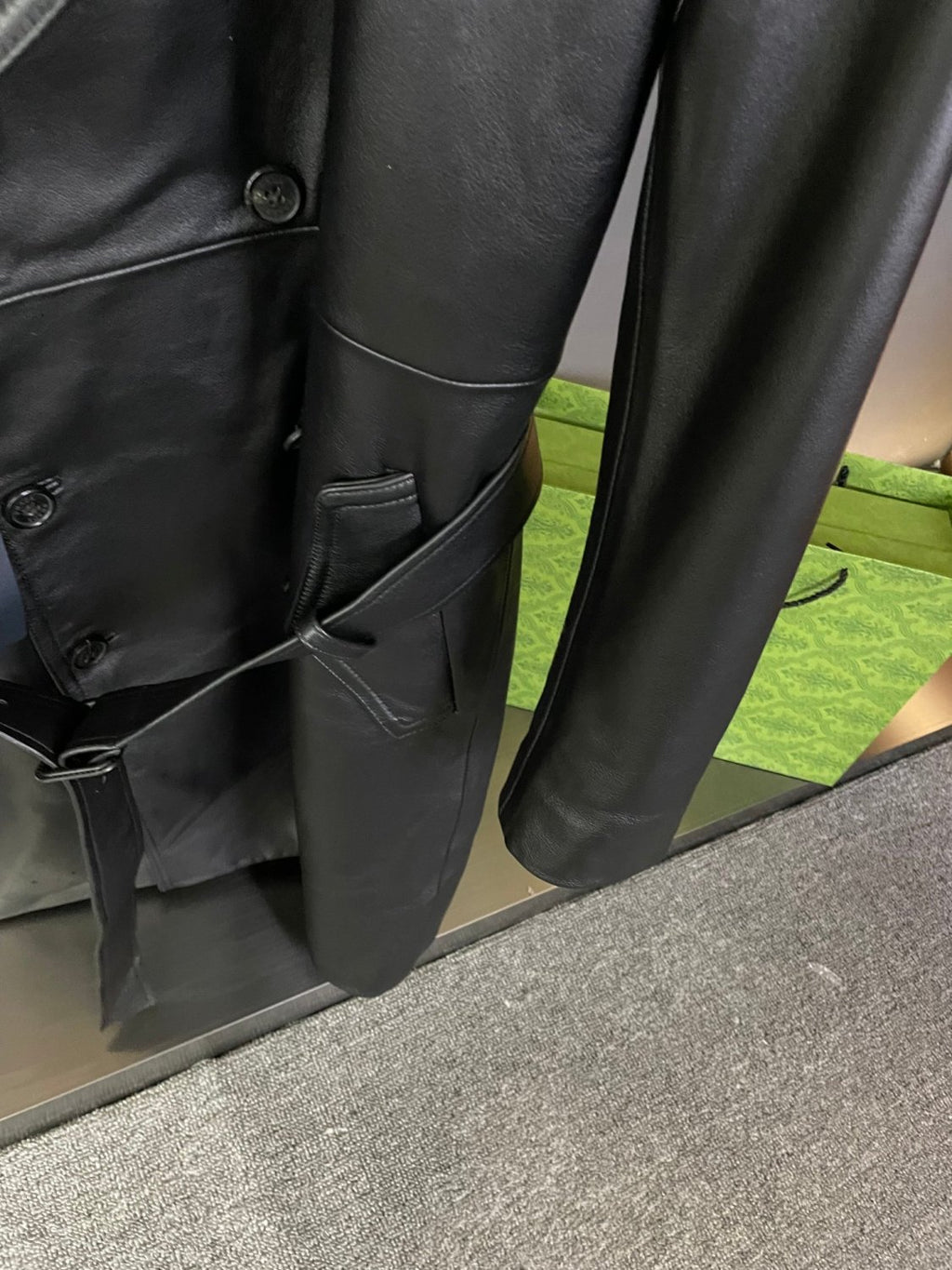 Prada Men's Fall And Winter Fashion Double-Breasted Strap Waist Long Casual Black Long-Sleeved Cowhide Trench Coat Jacket #9297