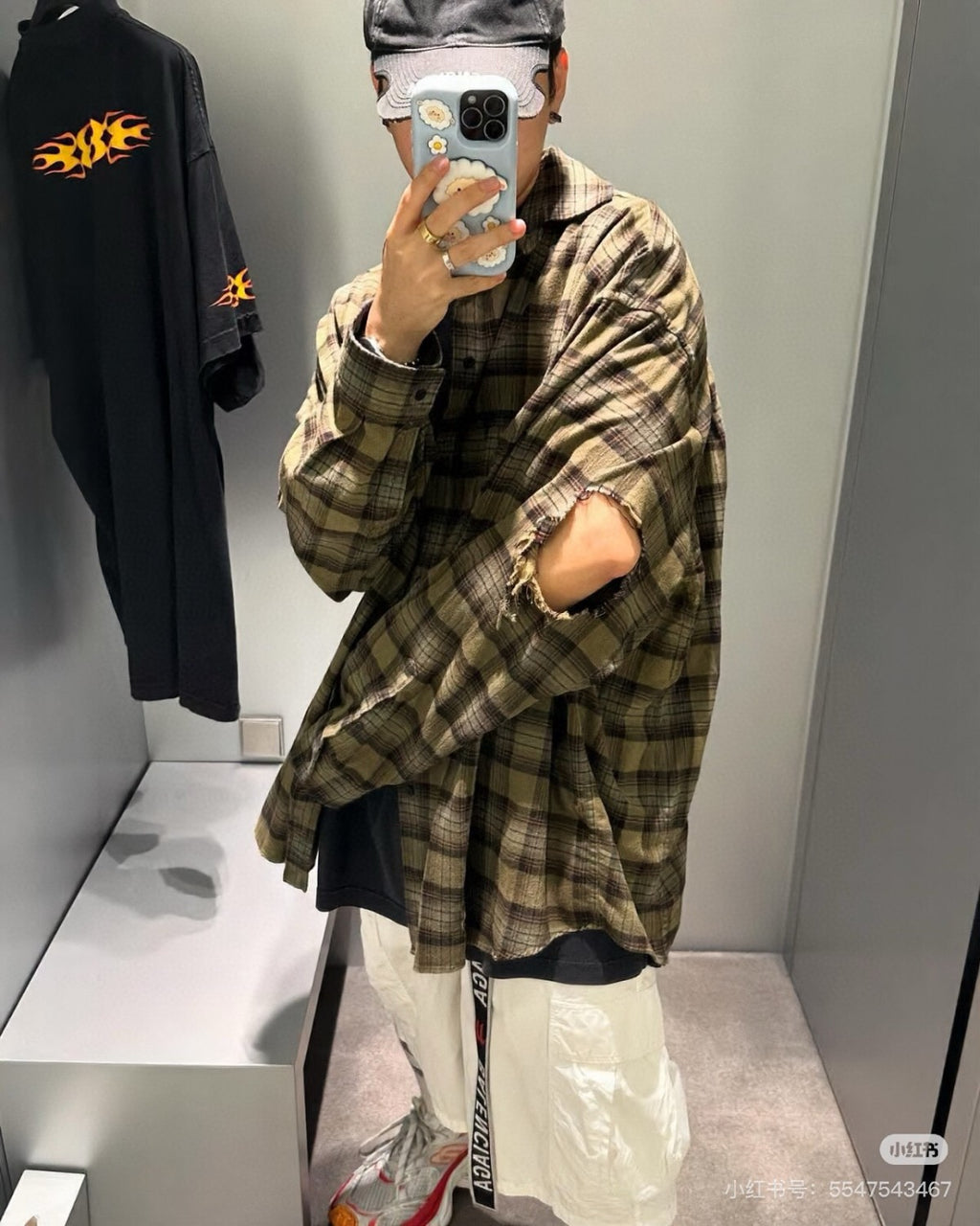 Balenciaga Men's Spring And Autumn Checkered Lapel Aged Cotton PARIS LIBERTY Loose Long Sleeve Solid Layered Shirt Ngvp #9286