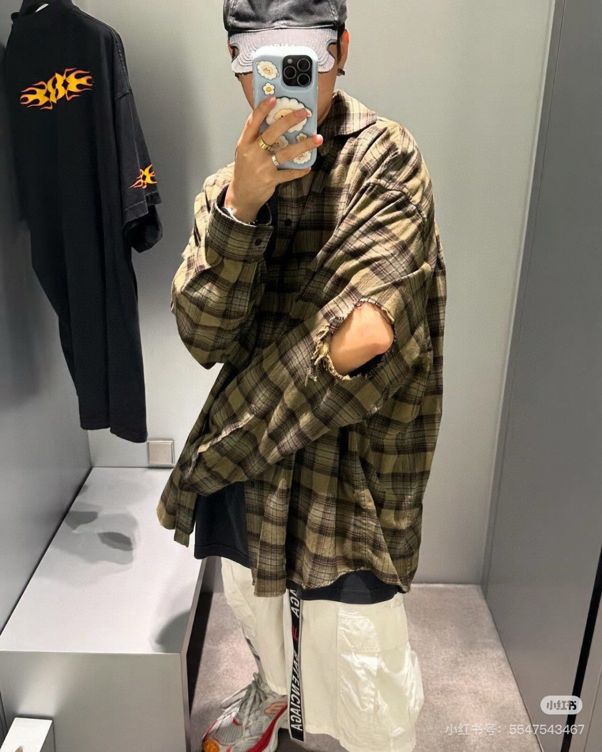 Balenciaga Men's Spring And Autumn Checkered Lapel Aged Cotton PARIS LIBERTY Loose Long Sleeve Solid Layered Shirt Ngvp #9286