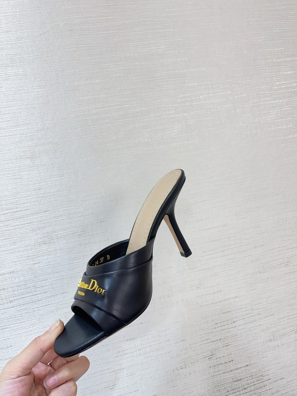 My Dior Heeled Slide Women's Summer Gold Letter Print Solid Color Leather 10cm High Heel Sandals Shoes #77216