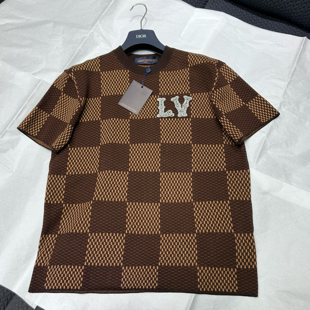 Louis Vuitton Men's Summer Brown DAMIER LV Faux Crystal Logo Checkerboard Cotton Short Sleeve Round Neck T-Shirt #98212