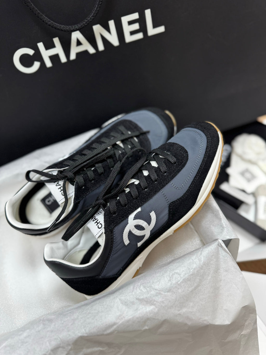 CHANEL Sneakers Calfskin Suede Calfskin White Black #381216