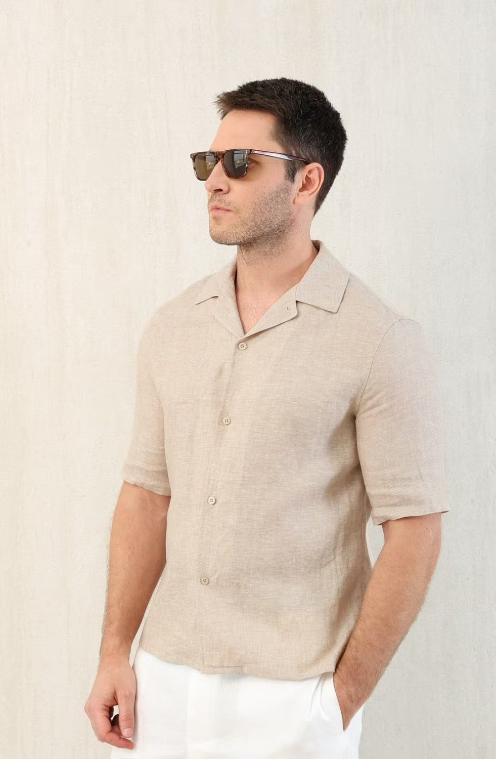 Brunello Cucinelli Men's Linen Loose Summer Single-Breasted Solid Color Lapel Short Sleeve Shirt Ngvp #1454