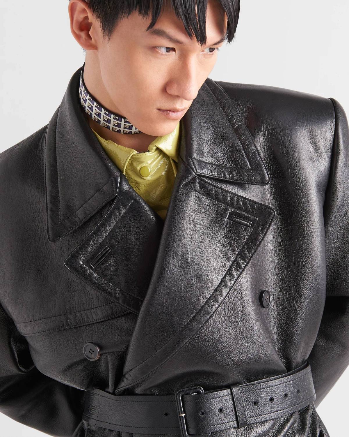 Prada Men's Fall And Winter Fashion Double-Breasted Strap Waist Long Casual Black Long-Sleeved Cowhide Trench Coat Jacket #9297