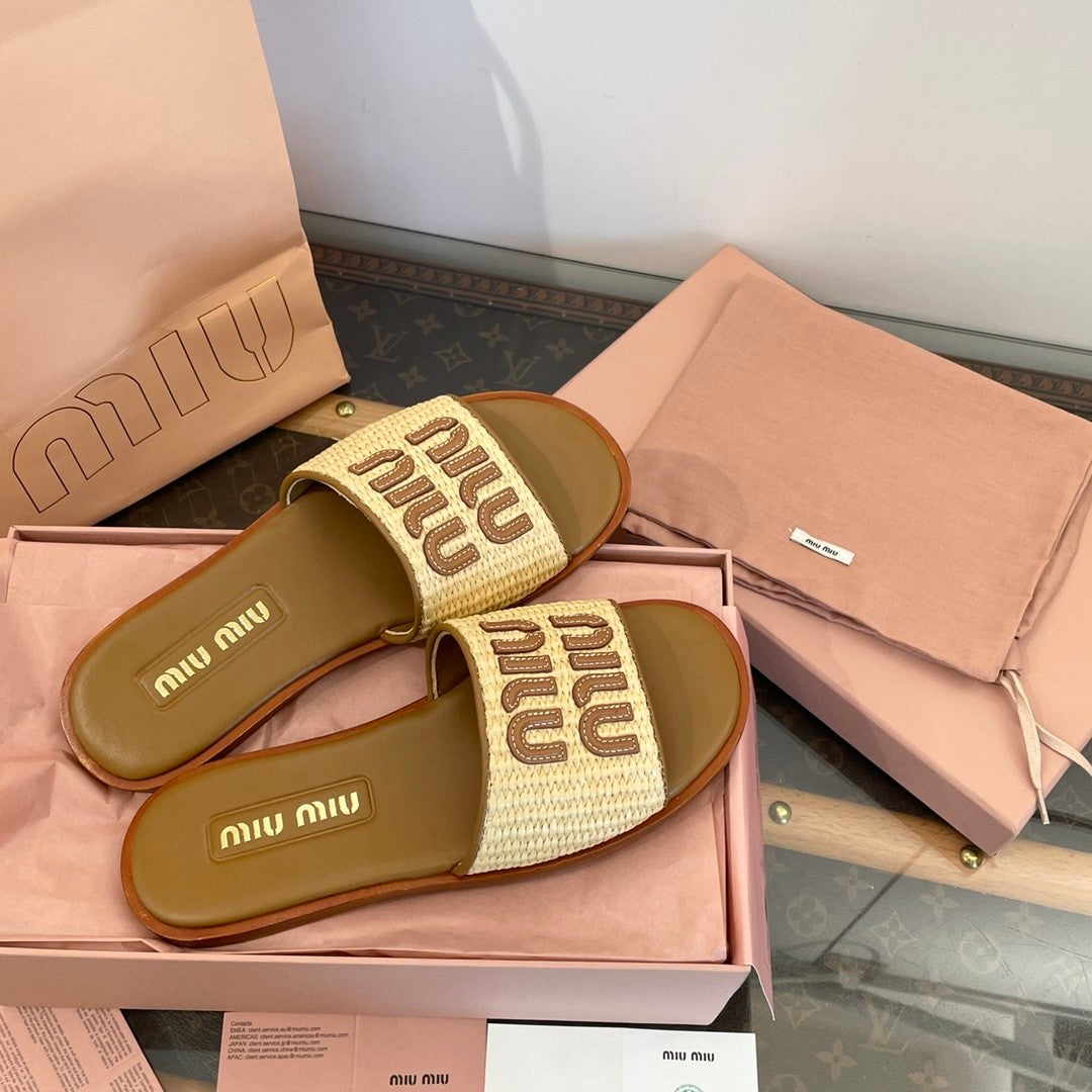 MiuMiu Women's Spring/Summer/Fall Logo Raffia Woven Leather Flat Sandals Casual Slippers Shoes #81553