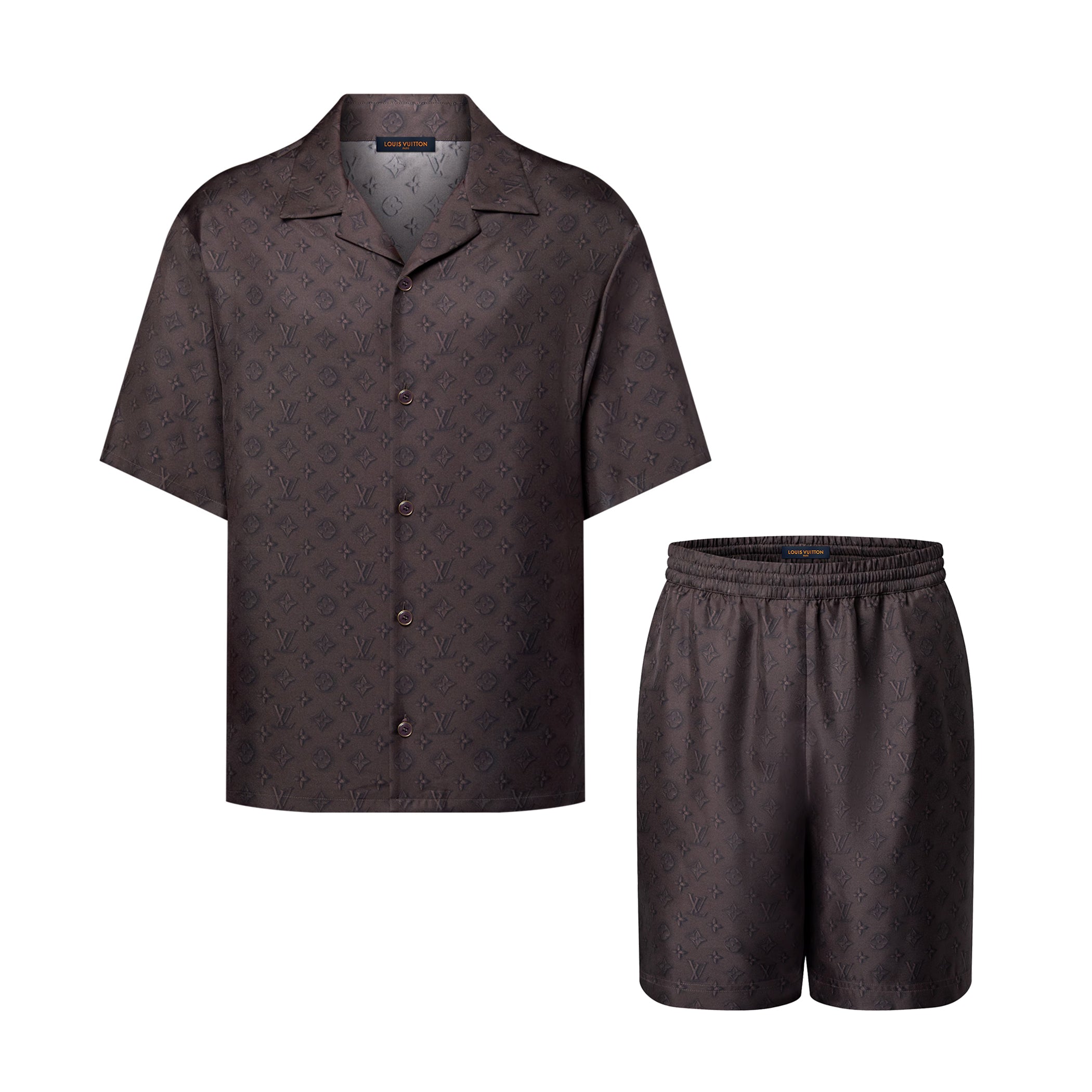 Louis Vuitton Men's Summer Logo Jacquard Single Breasted Casual Short Sleeve Shirt Stretch Waistband Shorts Set Suit #75979