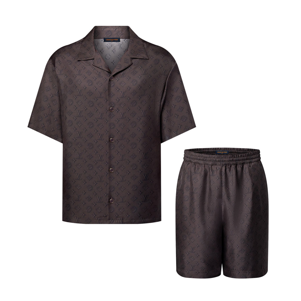 Louis Vuitton Men's Summer Logo Jacquard Single Breasted Casual Short Sleeve Shirt Stretch Waistband Shorts Set Suit #75979