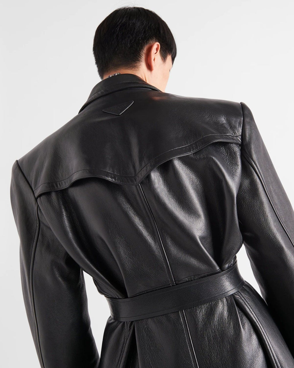 Prada Men's Fall And Winter Fashion Double-Breasted Strap Waist Long Casual Black Long-Sleeved Cowhide Trench Coat Jacket #9297