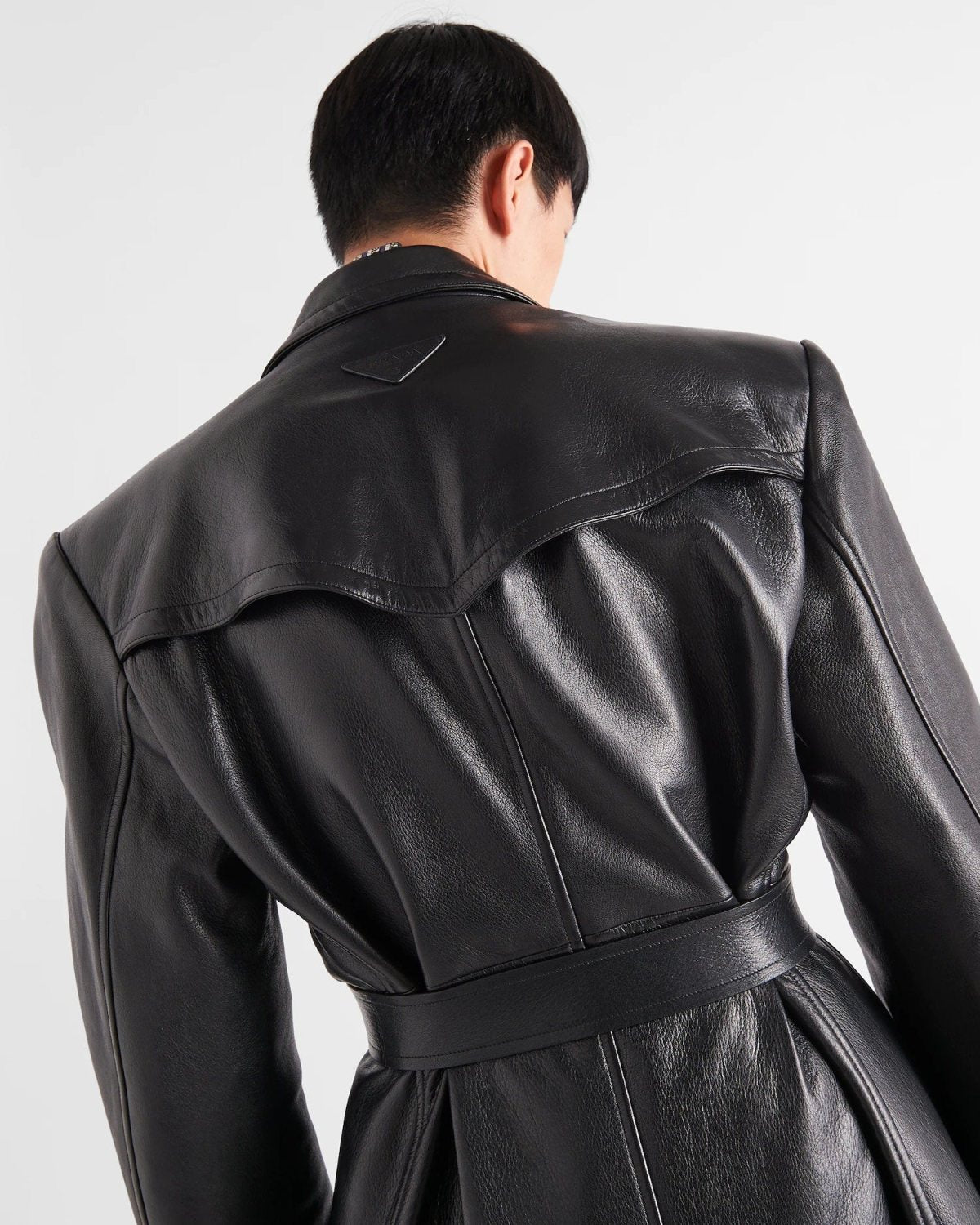 Prada Men's Fall And Winter Fashion Double-Breasted Strap Waist Long Casual Black Long-Sleeved Cowhide Trench Coat Jacket #9297