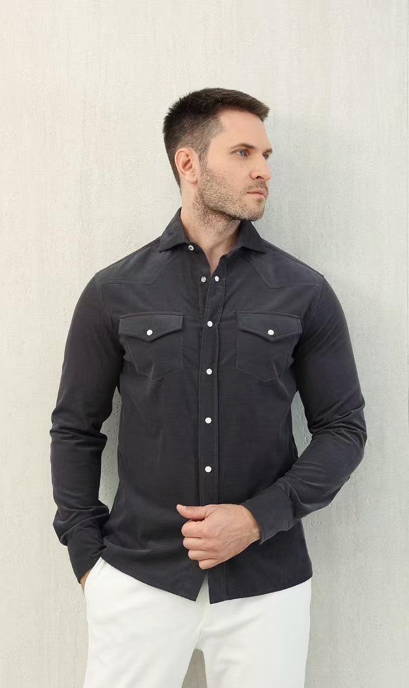 Brunello Cucinelli Men's Spring And Fall Cotton Lapel Solid Color Single-Breasted Chest Pocket Long Sleeve Fitted Shirt Ngvp #1557
