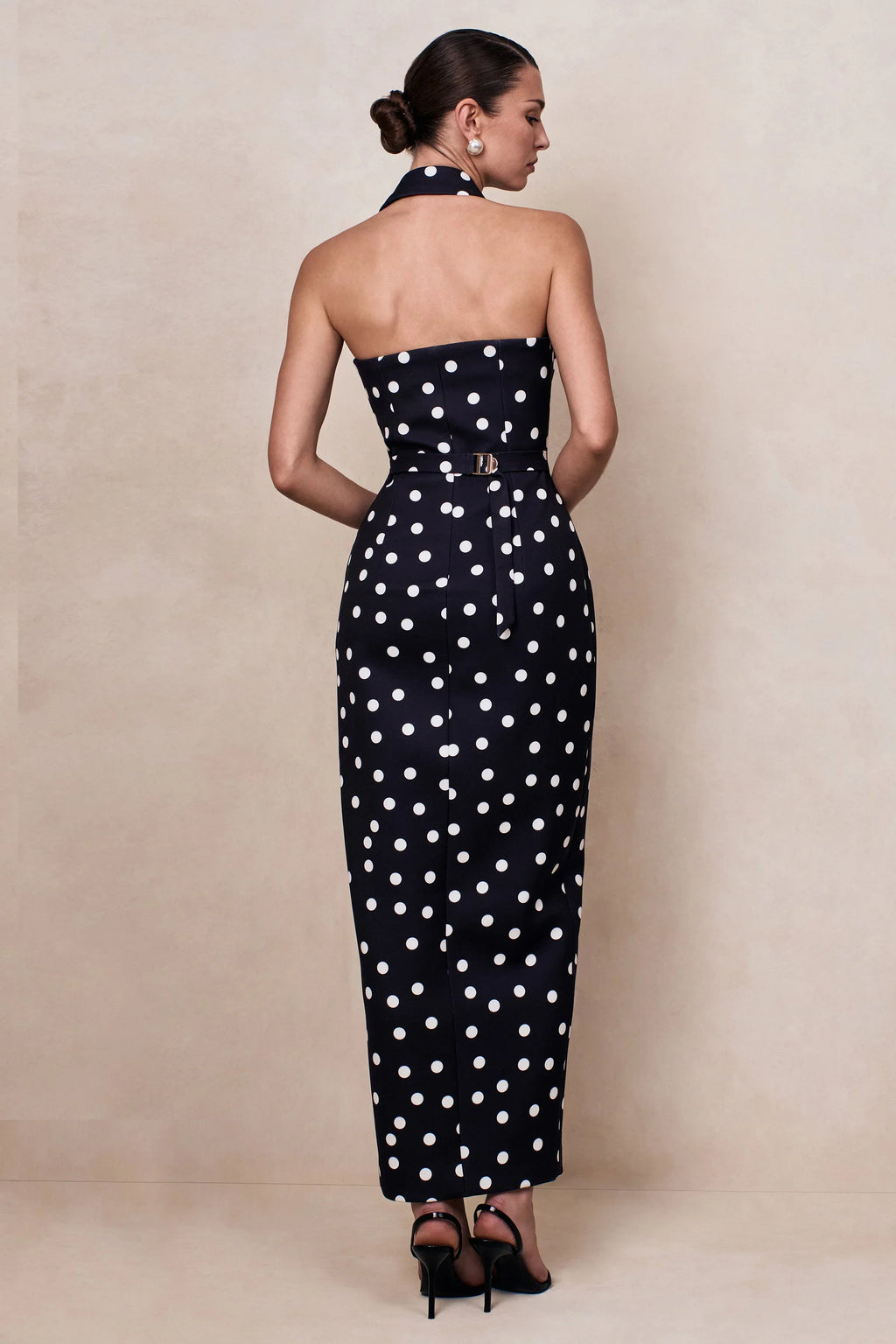 Hana | Black & White Polka Dot Plunge-Neck Tailored Maxi Dress