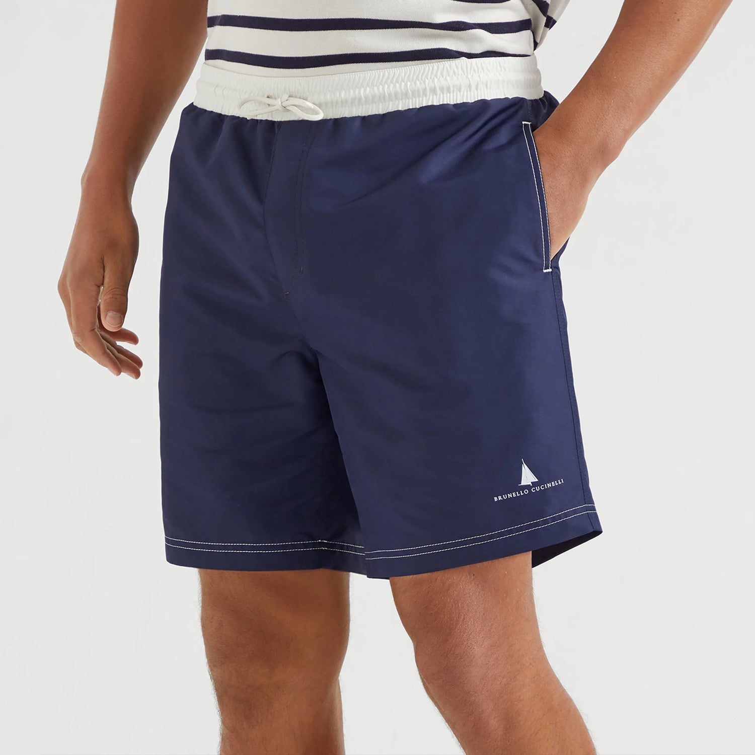 Brunello Cucinelli  Nylon Swim Shorts With Contrast Details And Print Men's Spring Summer Holiday Beach Shorts Colour Block Fashion Casual Pants #77277