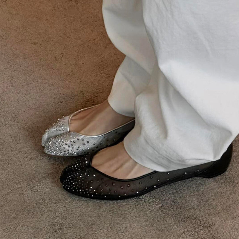 Christian Louboutin X Maison Margiela Women's Spring And Summer New Mesh Temperament Rhinestone Split Toe Flat Shoes Versatile Ballet Shallow Mouth Single Shoes Ngvp #1494
