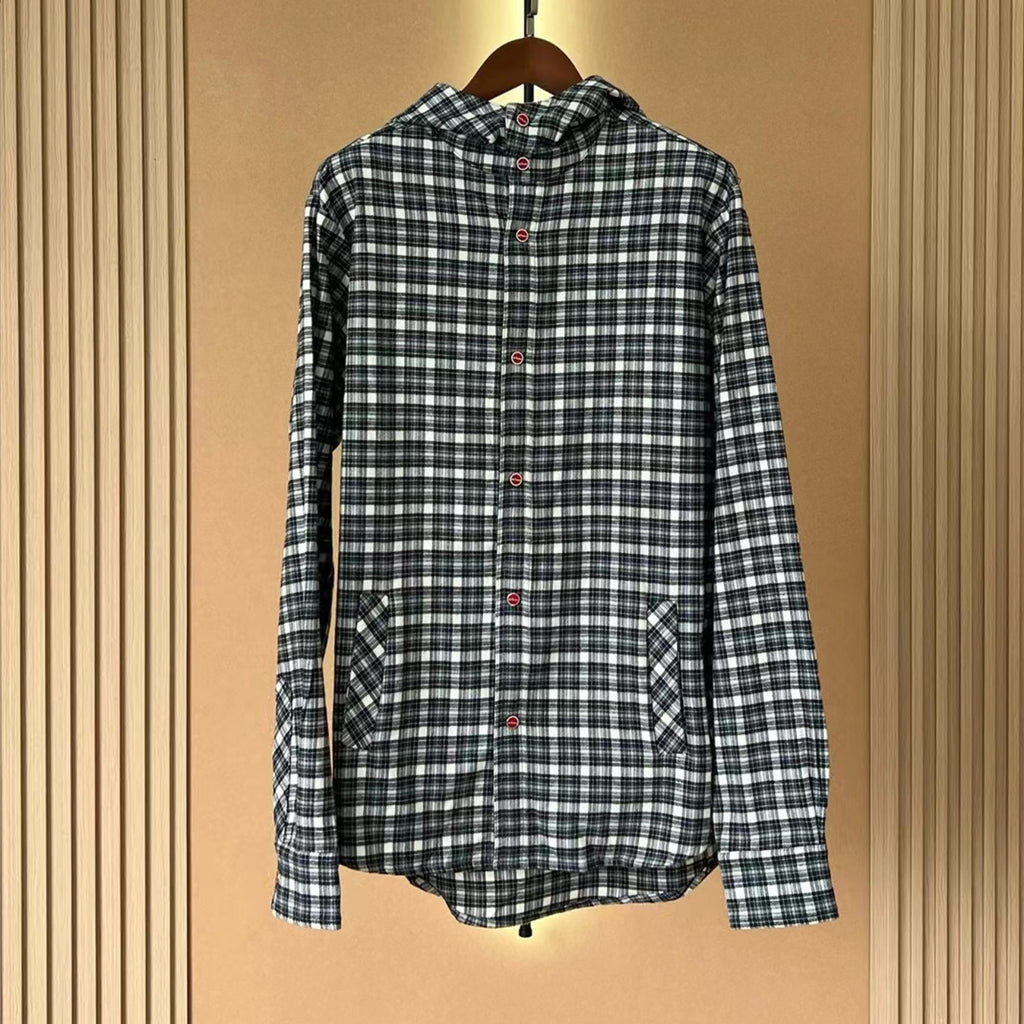 Kiton Men's Spring And Fall Retro Plaid Hooded Shirt Long-sleeved Lapel Buttons Fashion Casual Denim Cotton Shirt Ngvp #8879