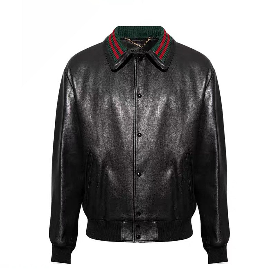 Gucci Men's Fall/Winter Striped Lapel Single Breasted Fitted Long Sleeve Black Leather Jacket Coat #99964