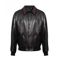 Gucci Men's Fall/Winter Striped Lapel Single Breasted Fitted Long Sleeve Black Leather Jacket Coat #99964