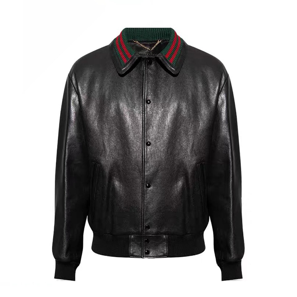 Gucci Men's Fall/Winter Striped Lapel Single Breasted Fitted Long Sleeve Black Leather Jacket Coat #99964