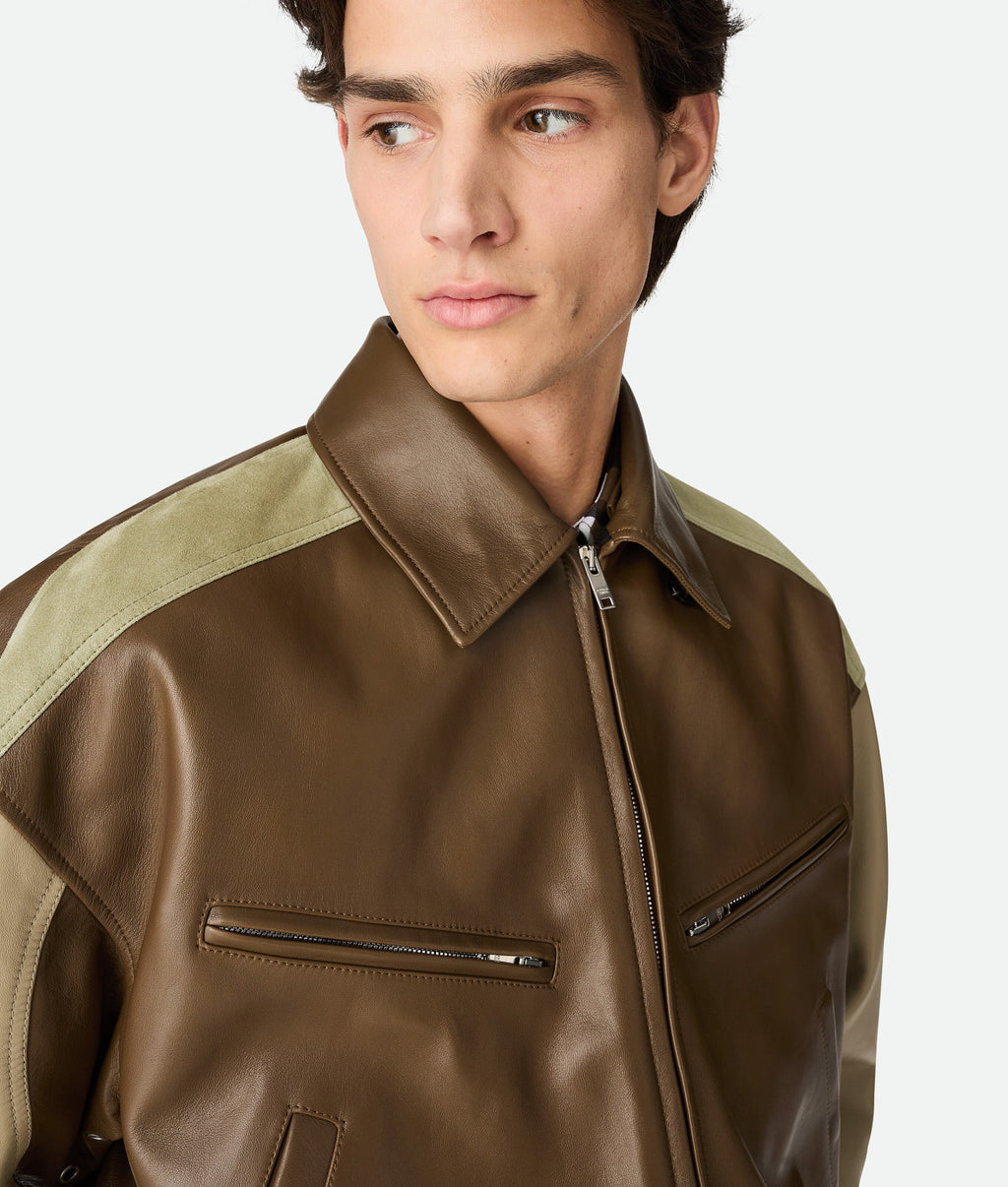 Bottega Veneta Men's Soft Leather Removable Lambswool Collar Spring And Autumn Color-Block Zipper Long-Sleeved Nappa Blouson Leather Jacket Ngvp #2126