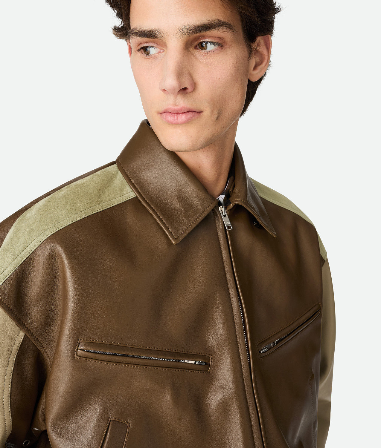 Bottega Veneta Men's Soft Leather Removable Lambswool Collar Spring And Autumn Color-Block Zipper Long-Sleeved Nappa Blouson Leather Jacket Ngvp #2126