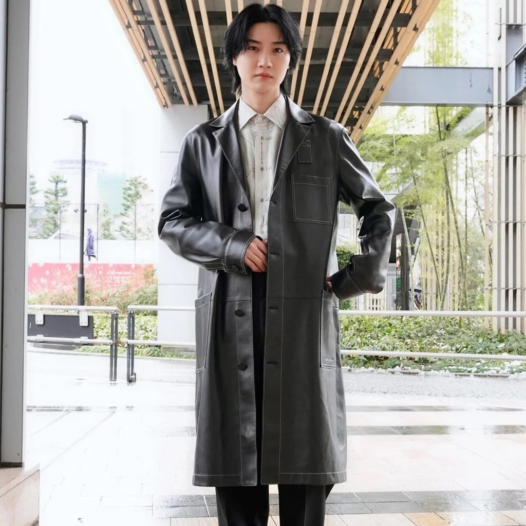 Fendi Men's Fall And Winter Black Long Sheepskin Jacket Fashion Bright Line Retro Single-breasted Luxury Leisure Jacket Coat Ngvp #8948