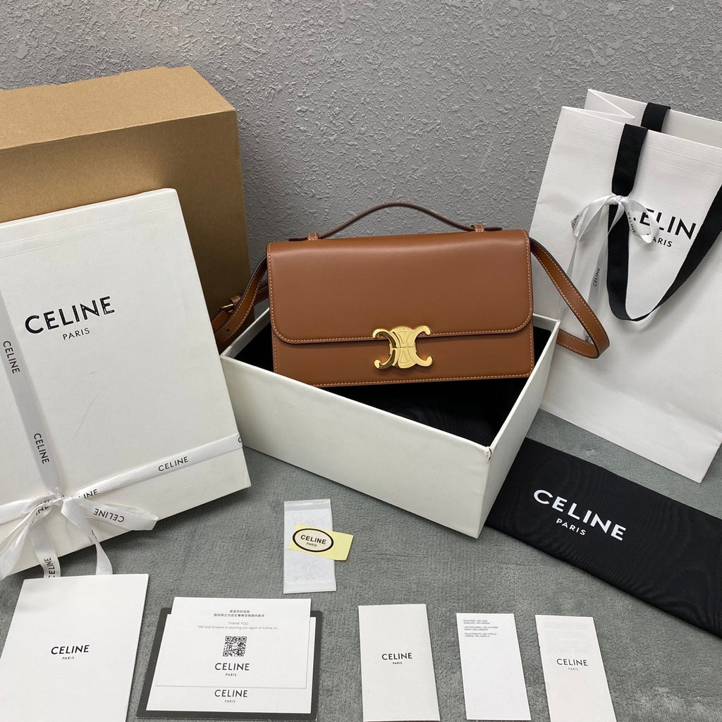 Celine Triomphe Women's Handbag Black Medium-sized Crossbody Bag With Gold Buckle And Flap Brown Stylish Elegant And Casual Bags #84132A