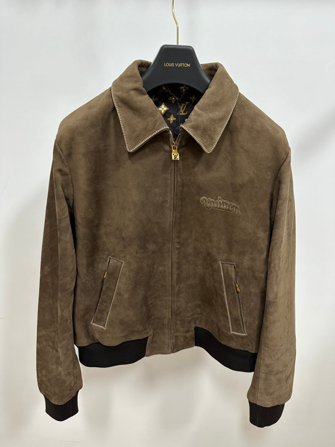 Louis Vuitton Men's Fall and WinterBrown Letter Zipper Lapel Cowhide LeatherCasual Pilot Long Sleeve Jacket #74398