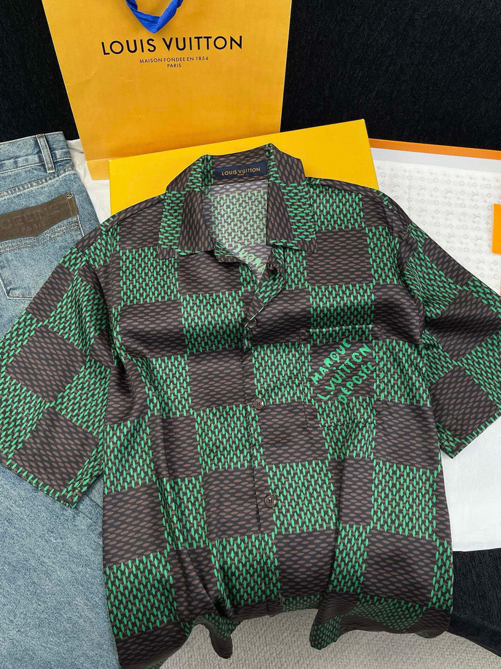 Louis Vuitton Men's Summer Green Checkerboard Logo Pattern Single Breasted Loose Short Sleeved Shirt High Waisted Elastic Leisure Shorts Pants Sei Suit #98616