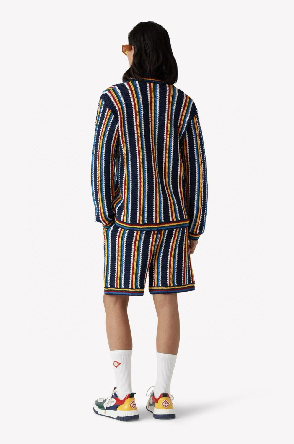 Casablanca Men's Spring And Summer Vertical Stripes Printed Single Breasted Long Sleeved Knitted Shirt Drawstring Tie Casual Knitted Shorts Suit Set #76349