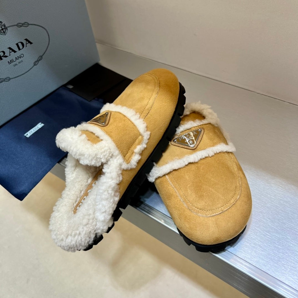 Prada Women's Fall/Winter Fashion Casual Round Toe Open Back Classic Logo Triangle Label Shearling Slippers Shoes #79521