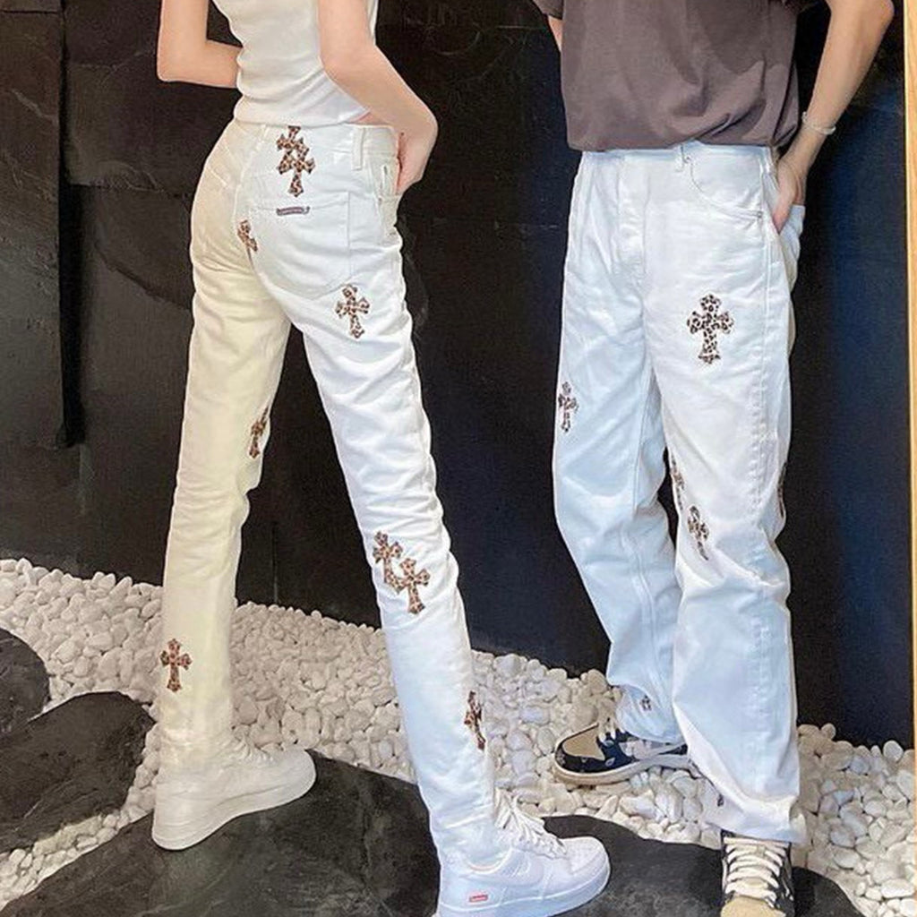 Chrome Hearts Men's Four Seasons High Street Leopard Cross Embroidered Old White Casual Straight Leg Trousers #98635
