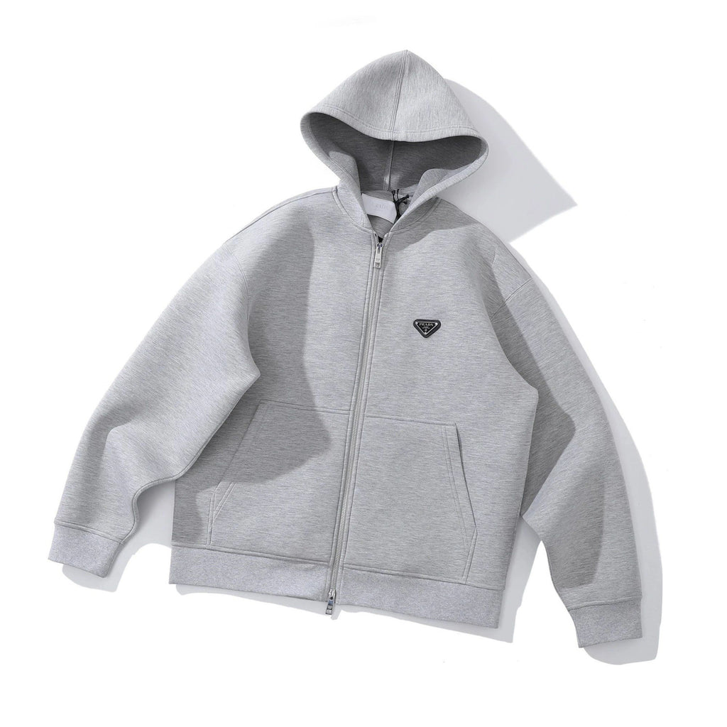 Prada Men's Spring And Autumn Triangle Label Gray Zipper Loose Pocket Long Sleeve Hooded Sweatshirt Jacket #98341