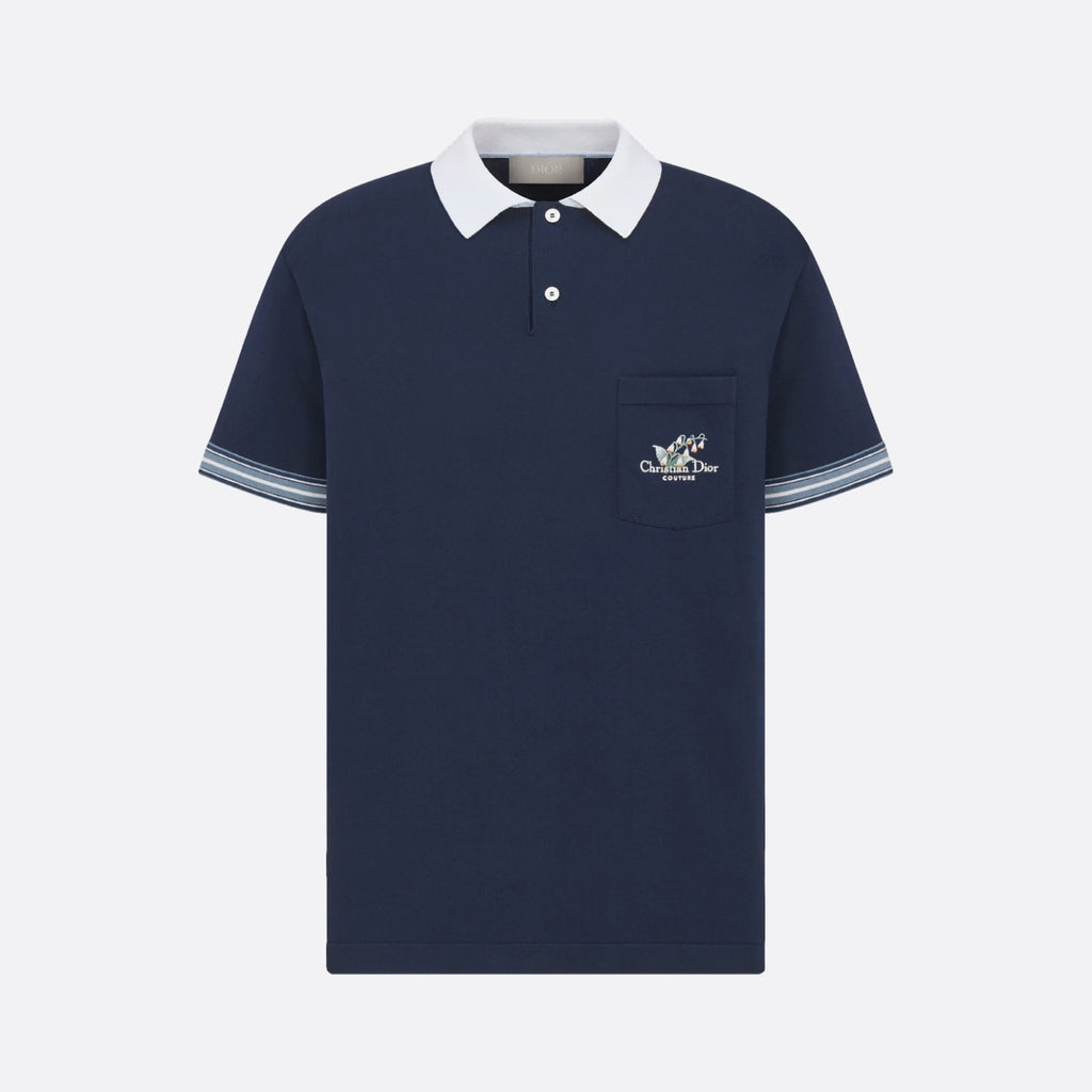 Dior Men's Summer Blue Cotton Plain Knit Fabric Suzuran Embroidery Polo Neck Short Sleeve T-Shirt #76931