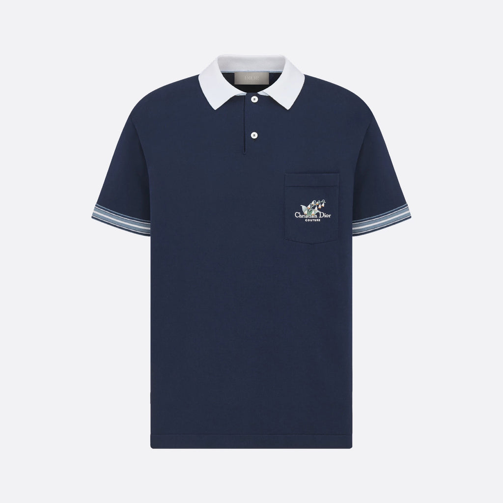 Dior Men's Summer Blue Cotton Plain Knit Fabric Suzuran Embroidery Polo Neck Short Sleeve T-Shirt #76931