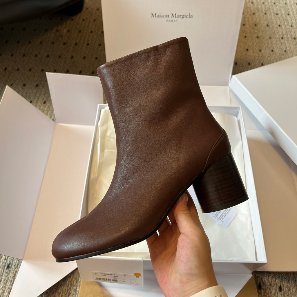Maison Margiela Women's Fall/Winter Casual Fashion Round Toe Leather Solid Color Chunky Heel Split Toe Ankle Boots Shoes #78645